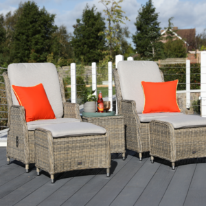 Wicker recliner set with orange cushions