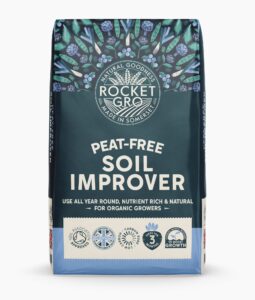 A bag of Rocketgro Peat free Soil Improver on a white background