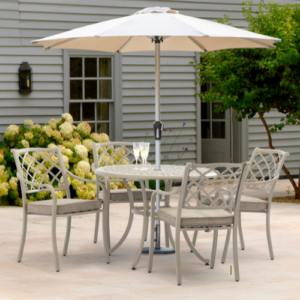 RHS Bridgewater Stone Cast Aluminium 4 Seat Round Dining Set with Parasol & Base