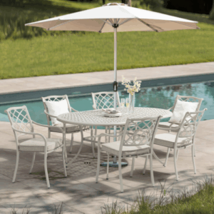 RHS Bridgewater Stone Cast Aluminium 6 Seat Oval Dining Set with Parasol & Base